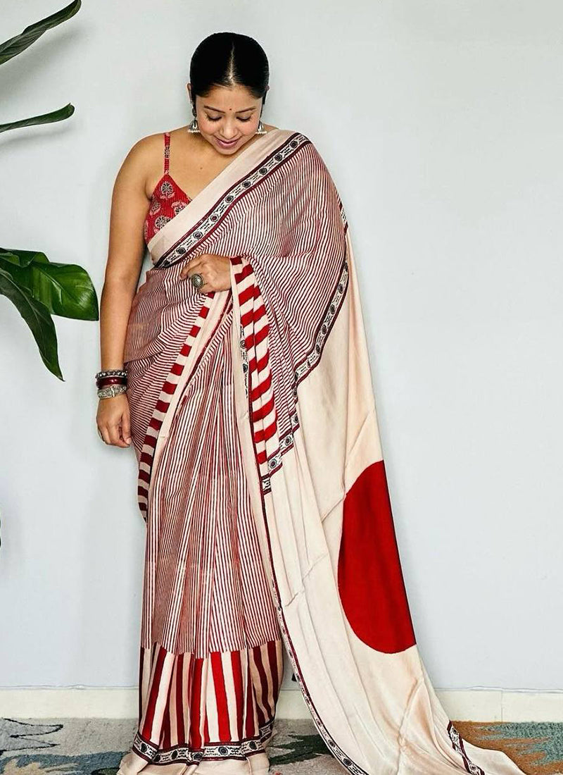 Red Original Japan Devsena satin Saree Japan Satin Digital Print Blouse