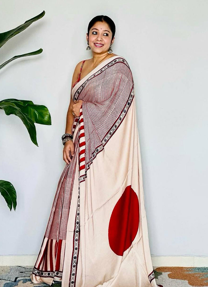 Red Original Japan Devsena satin Saree Japan Satin Digital Print Blouse