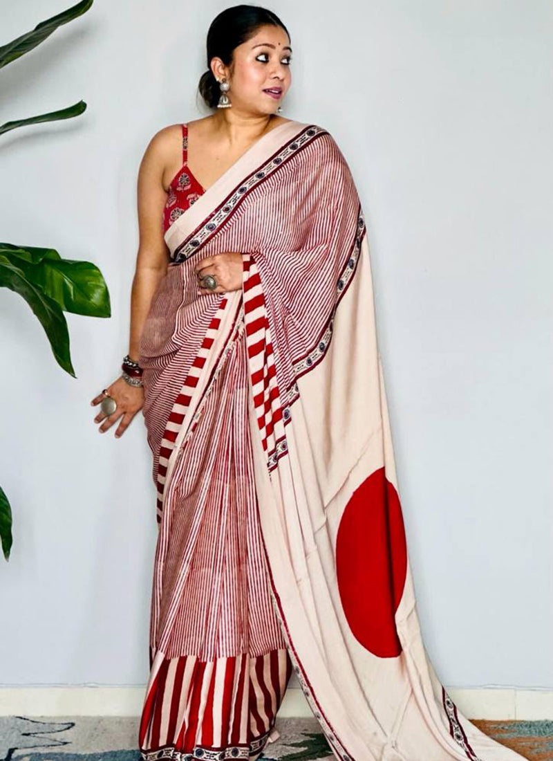 Red Original Japan Devsena satin Saree Japan Satin Digital Print Blouse