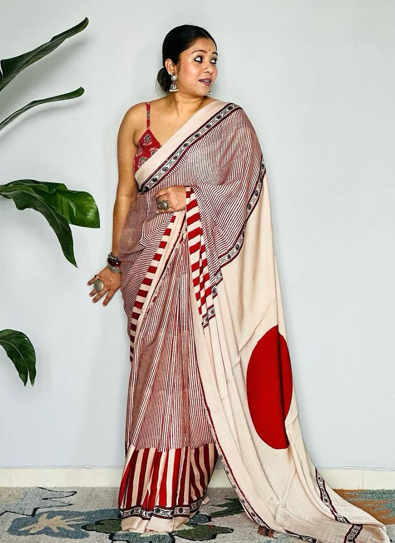 Red Original Japan Devsena satin Saree Japan Satin Digital Print Blouse