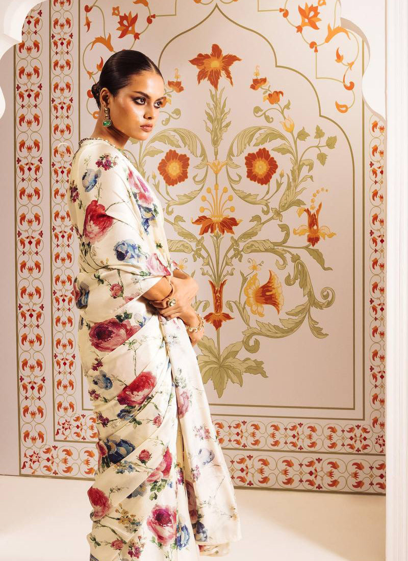 Cream Original Japan Devsena satin Saree Japan Satin Digital Print Blouse