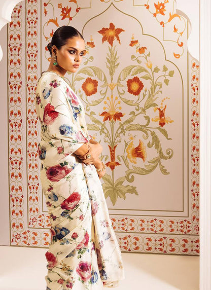 Cream Original Japan Devsena satin Saree Japan Satin Digital Print Blouse