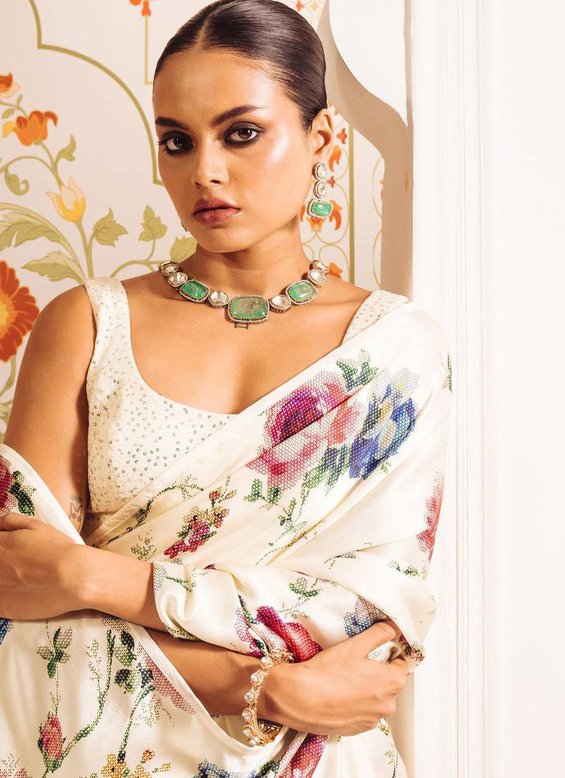 Cream Original Japan Devsena satin Saree Japan Satin Digital Print Blouse