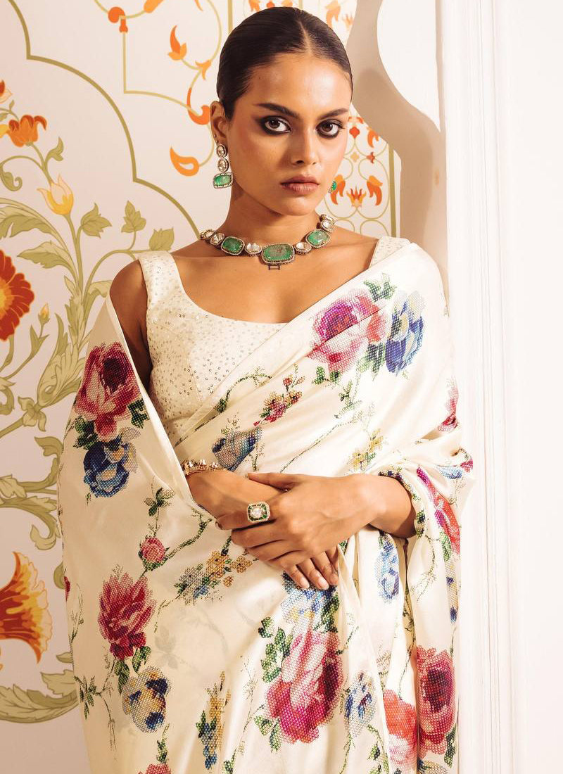 Cream Original Japan Devsena satin Saree Japan Satin Digital Print Blouse