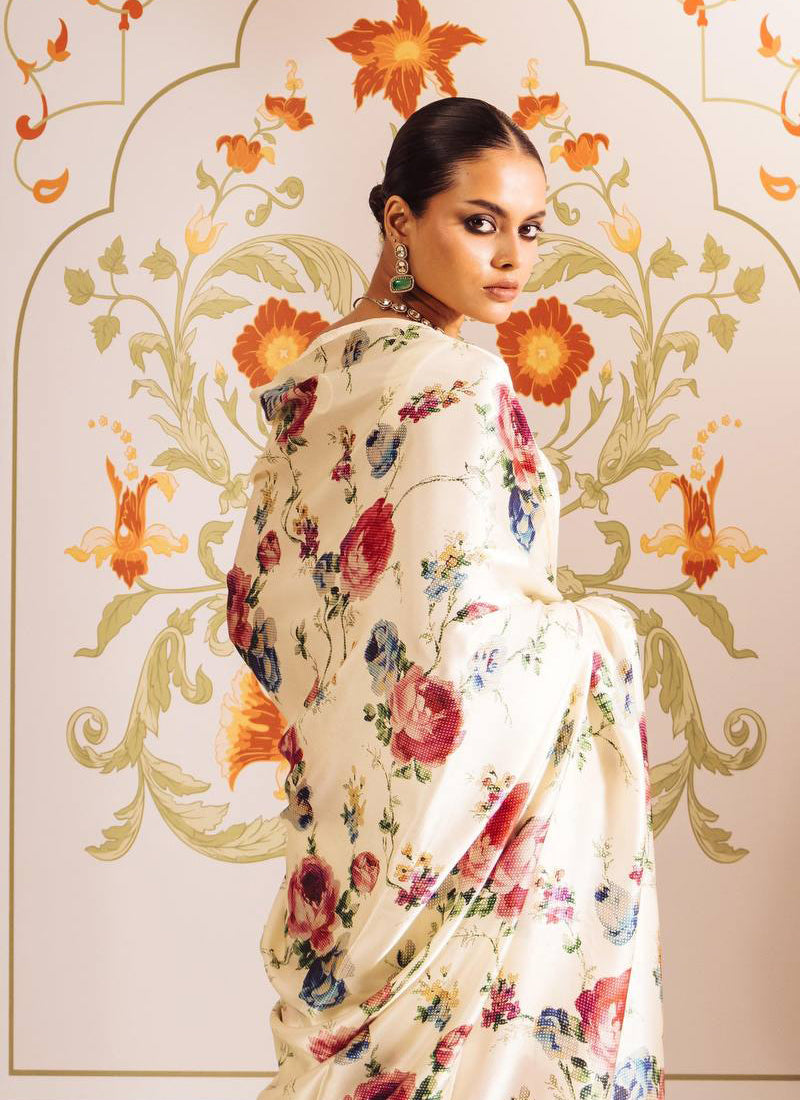 Cream Original Japan Devsena satin Saree Japan Satin Digital Print Blouse