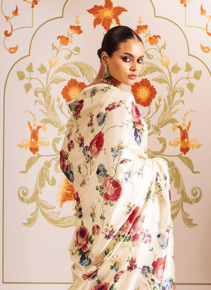 Cream Original Japan Devsena satin Saree Japan Satin Digital Print Blouse