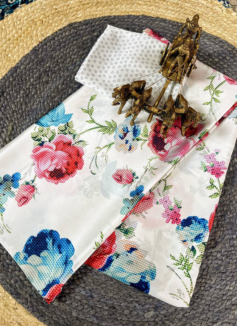 Cream Original Japan Devsena satin Saree Japan Satin Digital Print Blouse