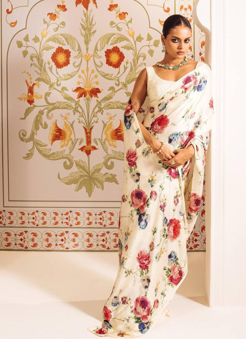 Cream Original Japan Devsena satin Saree Japan Satin Digital Print Blouse