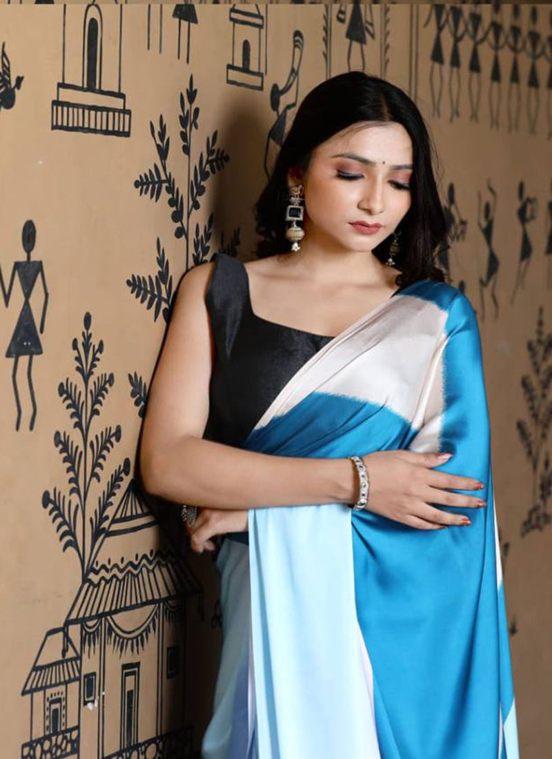 Multicolor Original Japan Devsena satin Saree Japan Satin Digital Print Blouse