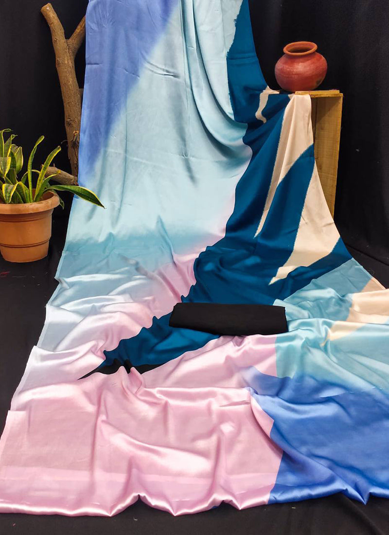 Multicolor Original Japan Devsena satin Saree Japan Satin Digital Print Blouse