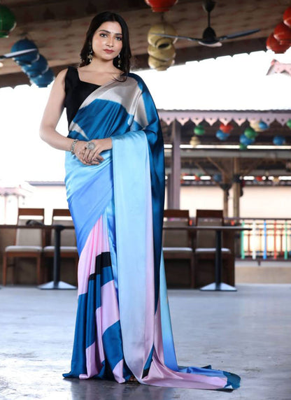 Multicolor Original Japan Devsena satin Saree Japan Satin Digital Print Blouse