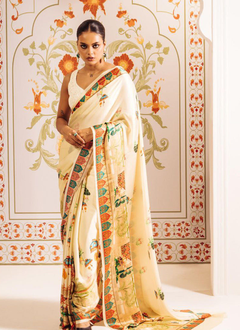 Cream Original Japan Devsena satin Saree Japan Satin Digital Print Blouse