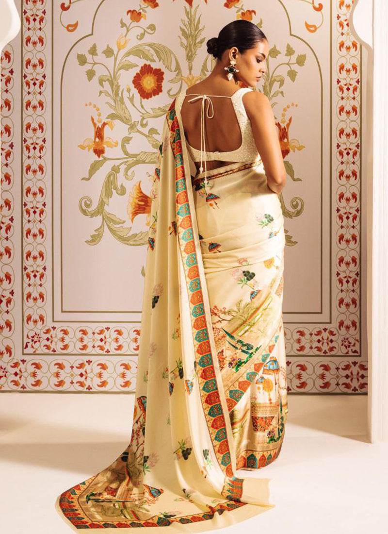 Cream Original Japan Devsena satin Saree Japan Satin Digital Print Blouse