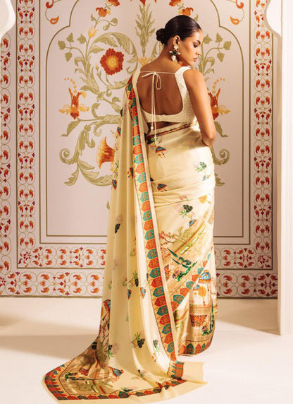 Cream Original Japan Devsena satin Saree Japan Satin Digital Print Blouse