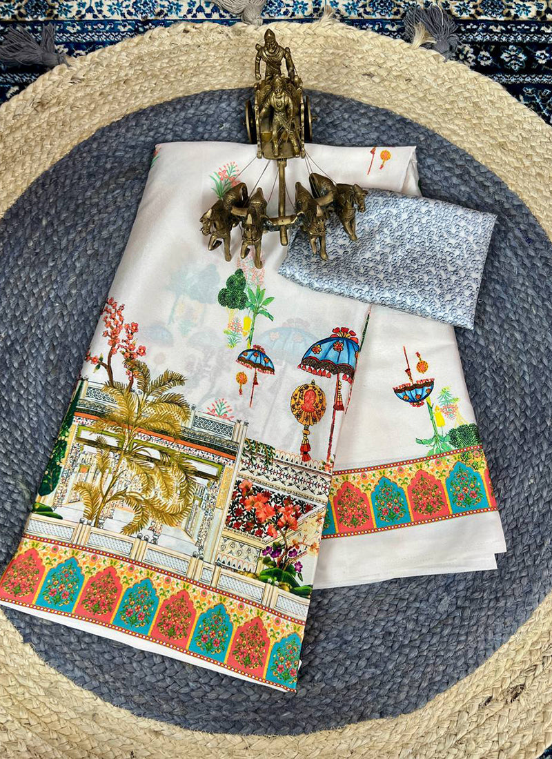 Cream Original Japan Devsena satin Saree Japan Satin Digital Print Blouse