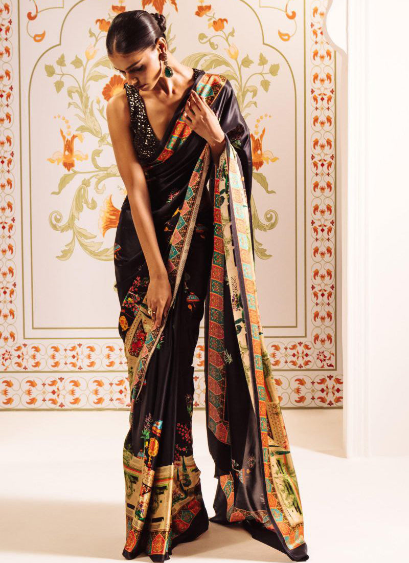 Black Original Japan Devsena satin Saree Japan Satin Digital Print Blouse