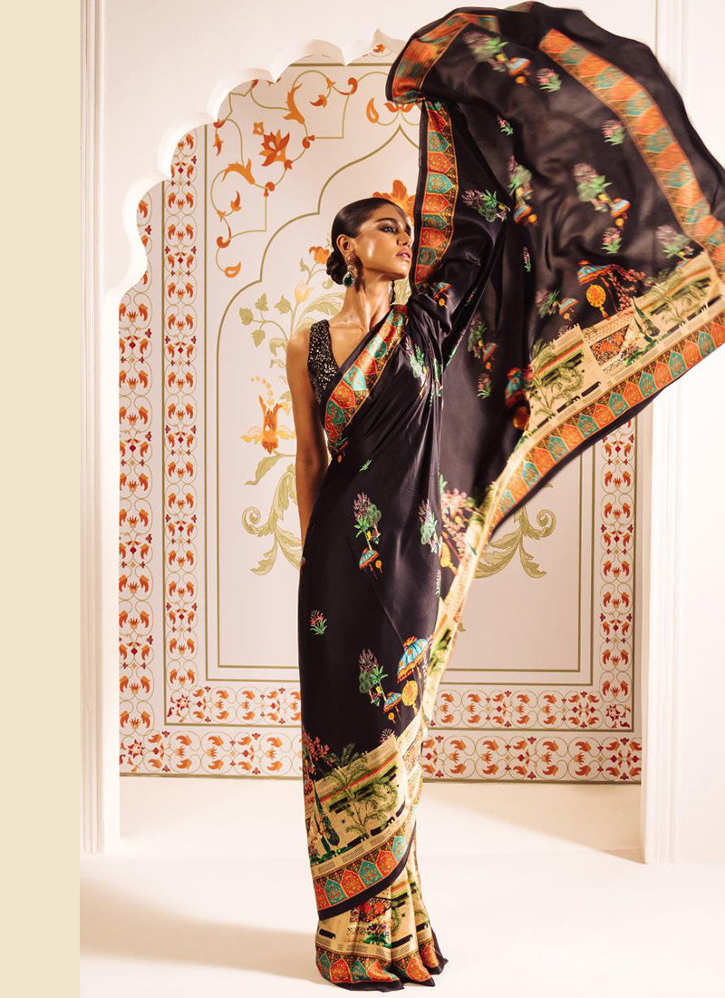 Black Original Japan Devsena satin Saree Japan Satin Digital Print Blouse