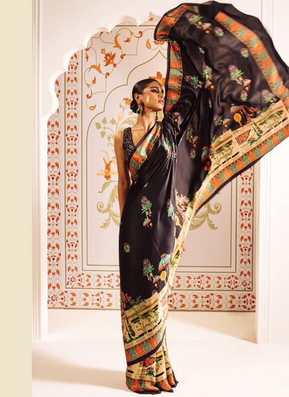 Black Original Japan Devsena satin Saree Japan Satin Digital Print Blouse