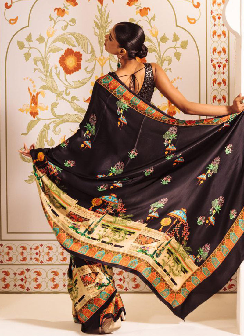 Black Original Japan Devsena satin Saree Japan Satin Digital Print Blouse