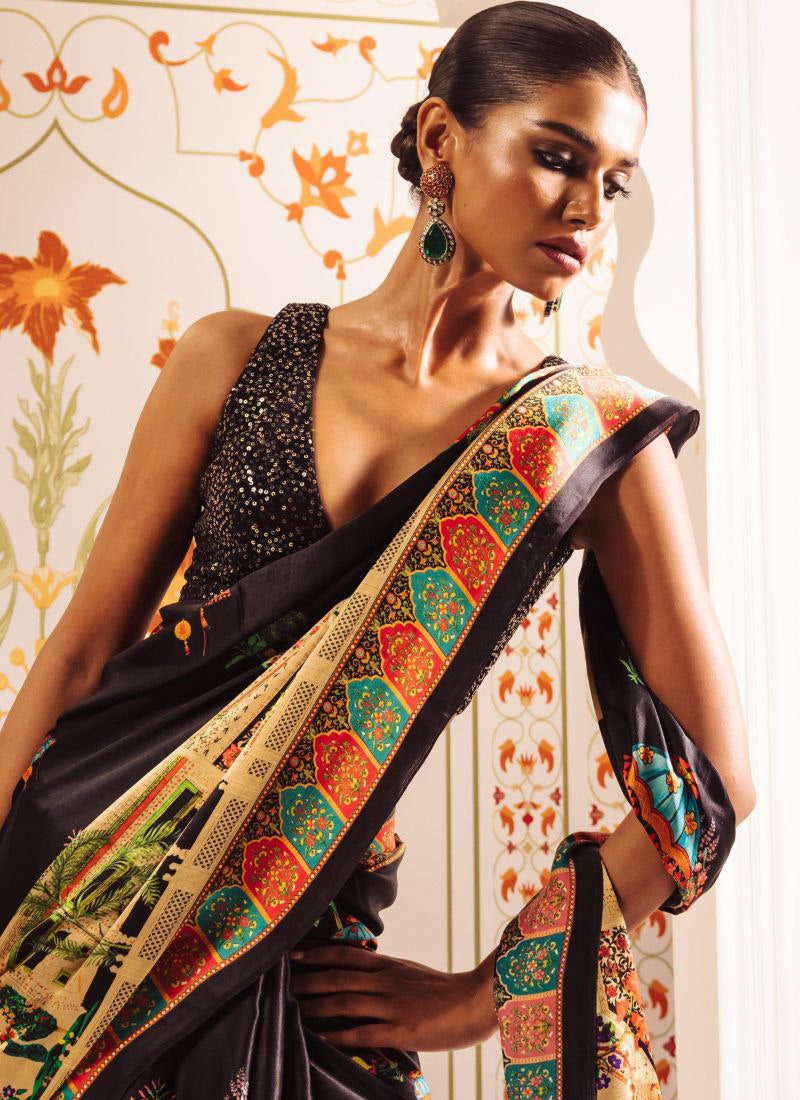 Black Original Japan Devsena satin Saree Japan Satin Digital Print Blouse