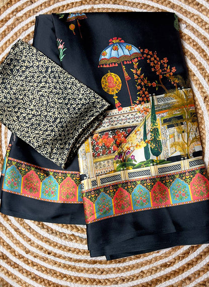 Black Original Japan Devsena satin Saree Japan Satin Digital Print Blouse