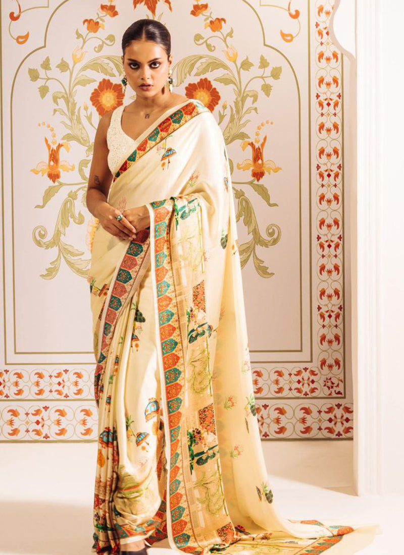 Cream Original Japan Devsena satin Saree Japan Satin Digital Print Blouse
