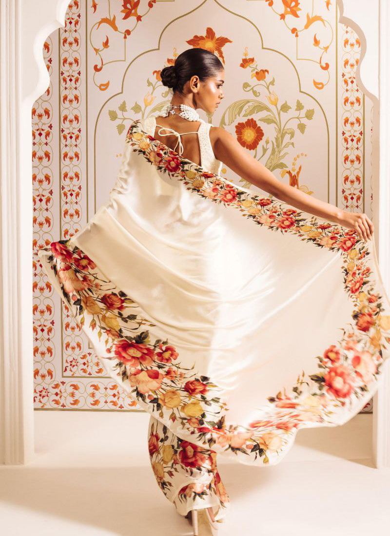 Cream Original Japan Devsena satin Saree Japan Satin Digital Print Blouse