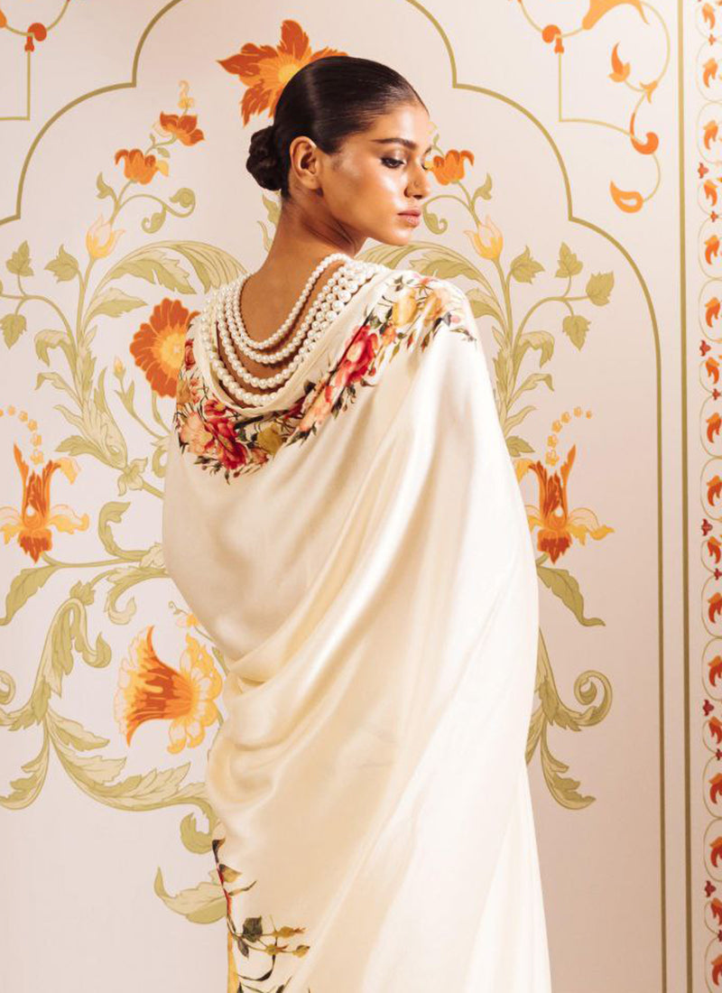 Cream Original Japan Devsena satin Saree Japan Satin Digital Print Blouse