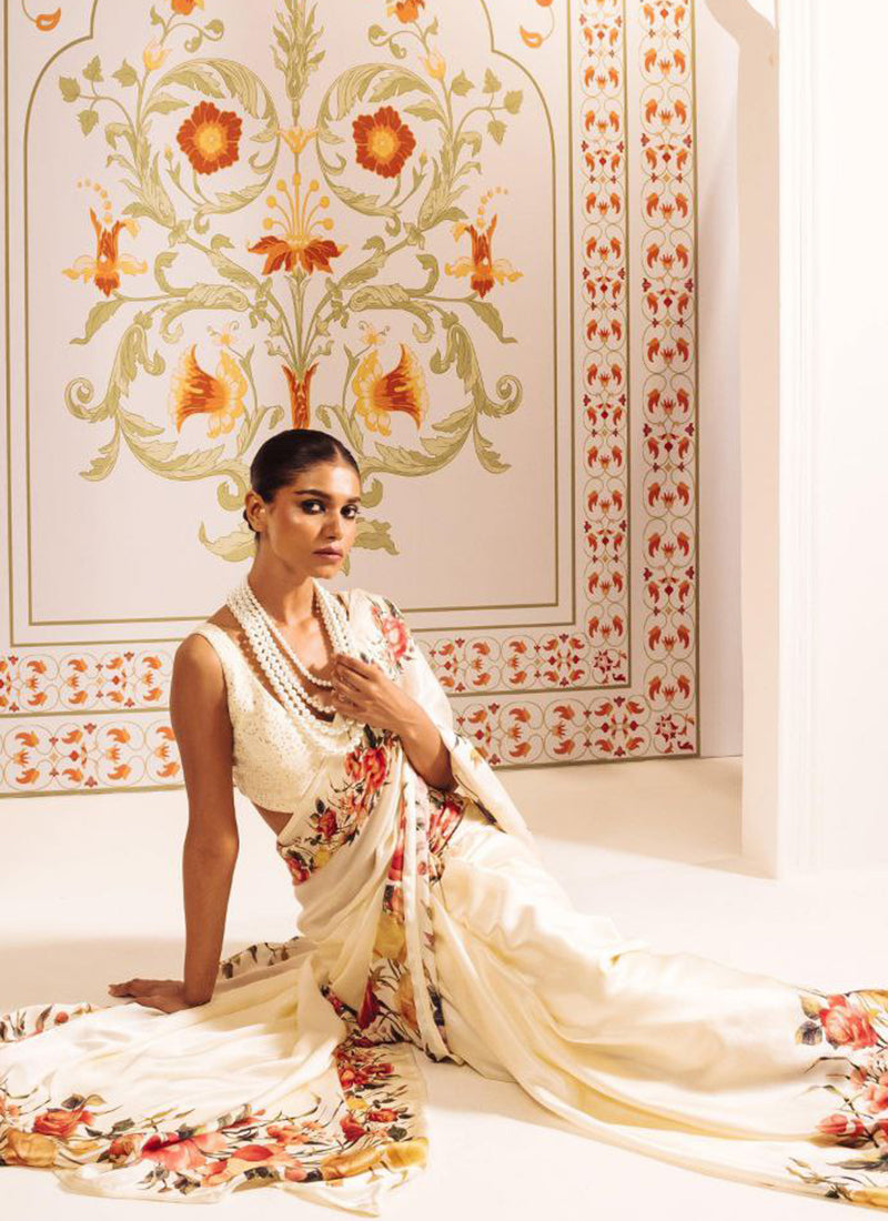 Cream Original Japan Devsena satin Saree Japan Satin Digital Print Blouse