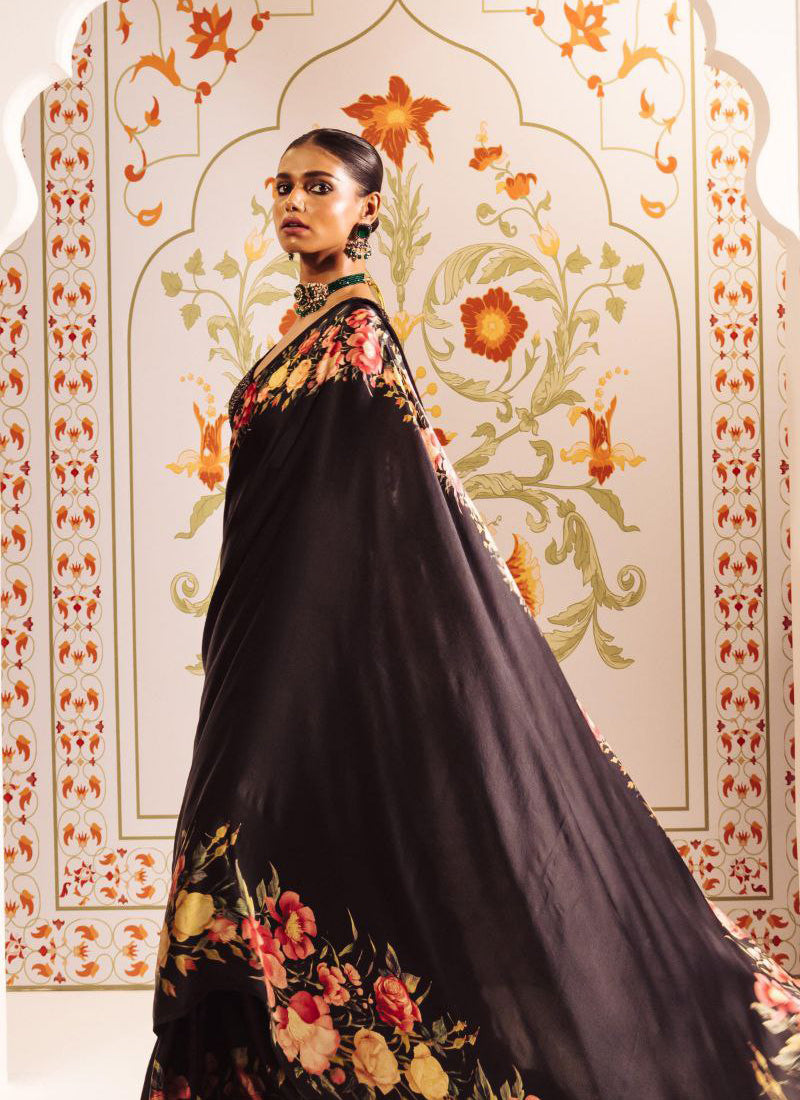 Black Original Japan Devsena satin Saree Japan Satin Digital Print Blouse