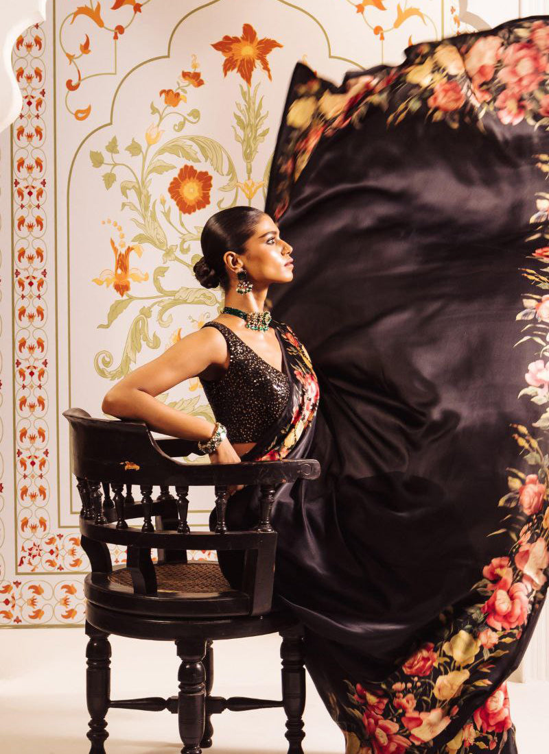 Black Original Japan Devsena satin Saree Japan Satin Digital Print Blouse