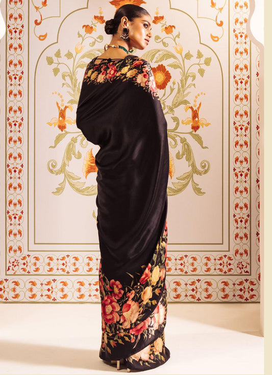 Black Original Japan Devsena satin Saree Japan Satin Digital Print Blouse