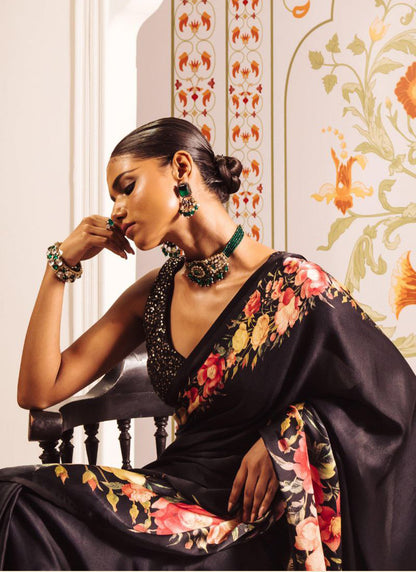 Black Original Japan Devsena satin Saree Japan Satin Digital Print Blouse