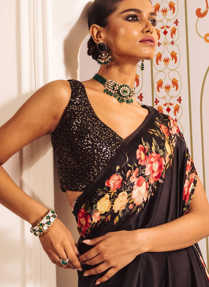 Black Original Japan Devsena satin Saree Japan Satin Digital Print Blouse