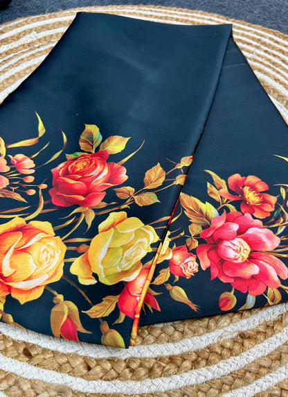 Black Original Japan Devsena satin Saree Japan Satin Digital Print Blouse