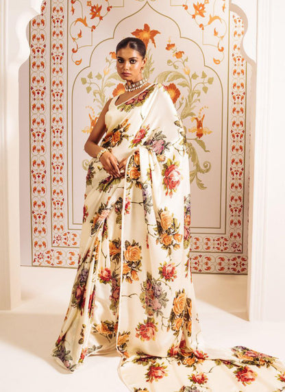 Cream Original Japan Devsena satin Saree Japan Satin Digital Print Blouse