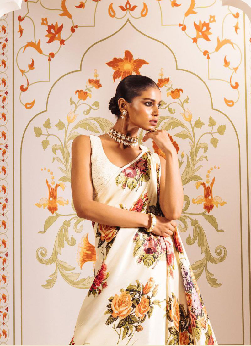 Cream Original Japan Devsena satin Saree Japan Satin Digital Print Blouse