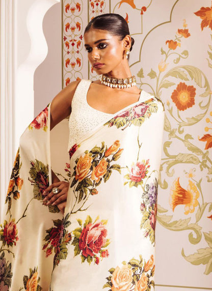 Cream Original Japan Devsena satin Saree Japan Satin Digital Print Blouse