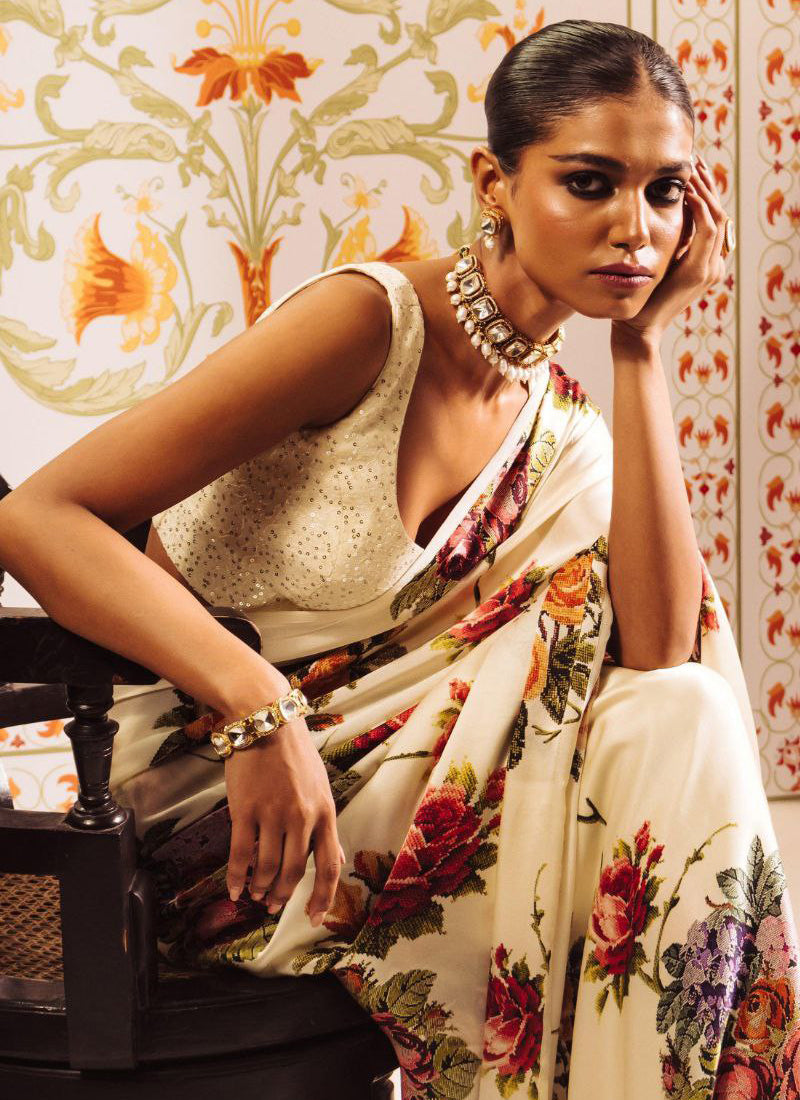 Cream Original Japan Devsena satin Saree Japan Satin Digital Print Blouse