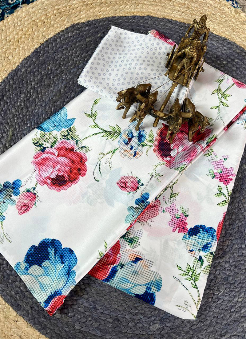 Cream Original Japan Devsena satin Saree Japan Satin Digital Print Blouse