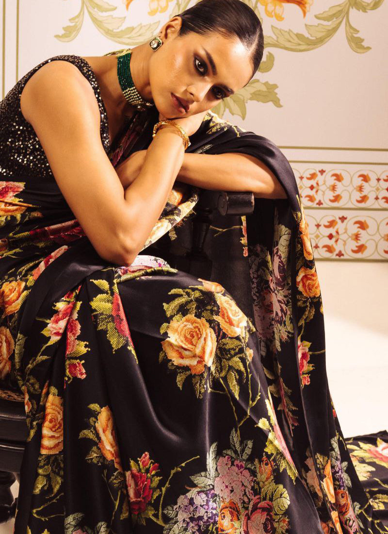 Black Original Japan Devsena satin Saree Japan Satin Digital Print Blouse