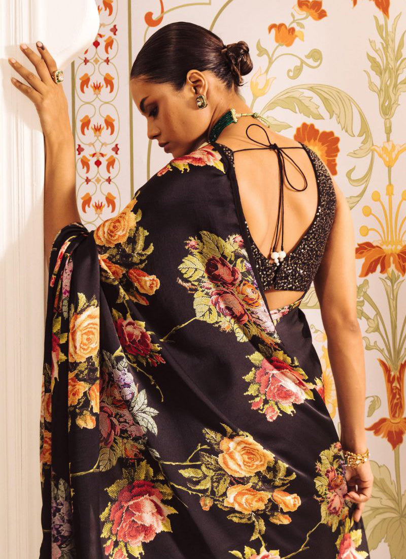 Black Original Japan Devsena satin Saree Japan Satin Digital Print Blouse