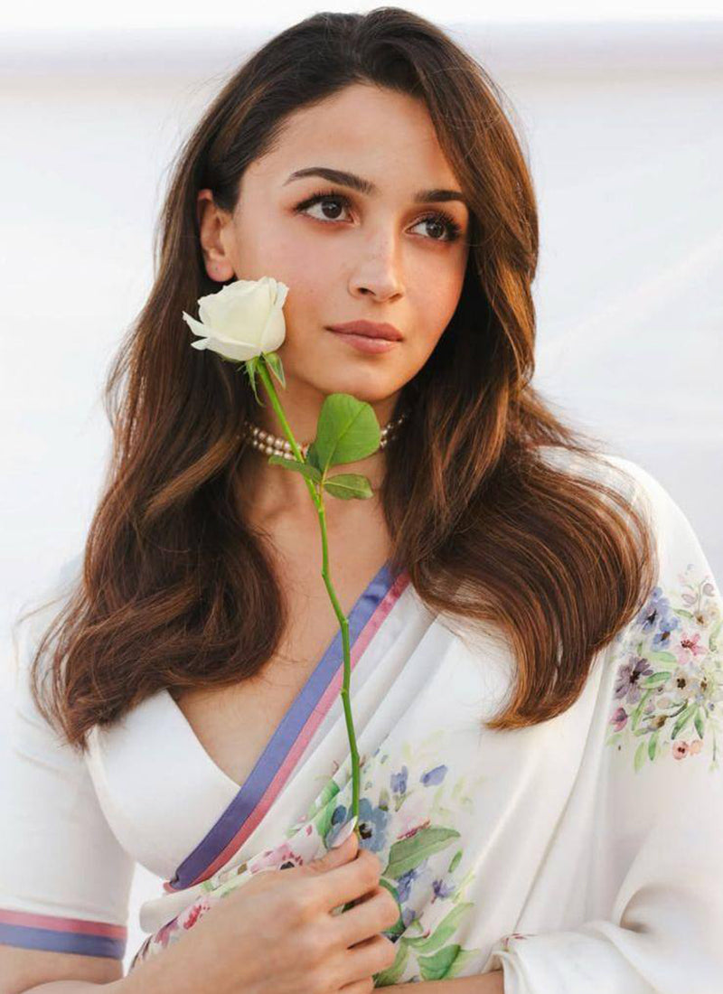 White Original Japan Devsena satin Saree Japan Satin Digital Print Blouse