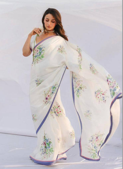 White Original Japan Devsena satin Saree Japan Satin Digital Print Blouse