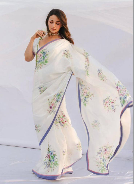 White Original Japan Devsena satin Saree Japan Satin Digital Print Blouse