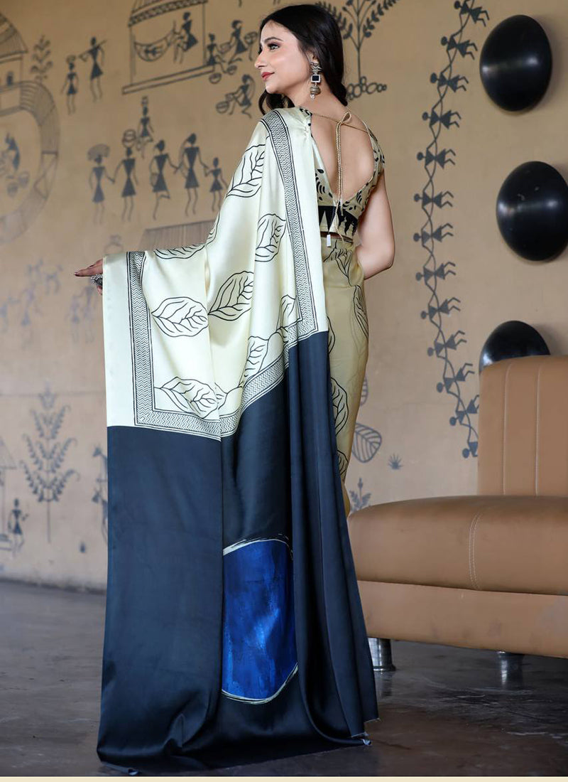 White Original Japan Devsena satin Saree Japan Satin Digital Print Blouse