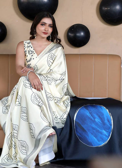 White Original Japan Devsena satin Saree Japan Satin Digital Print Blouse