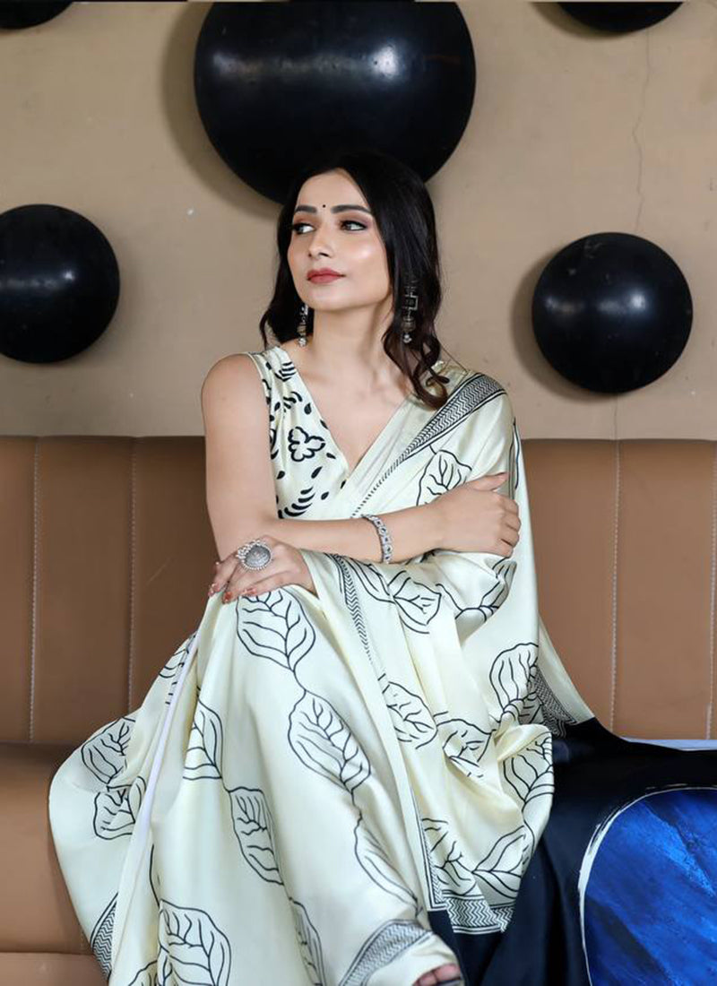 White Original Japan Devsena satin Saree Japan Satin Digital Print Blouse