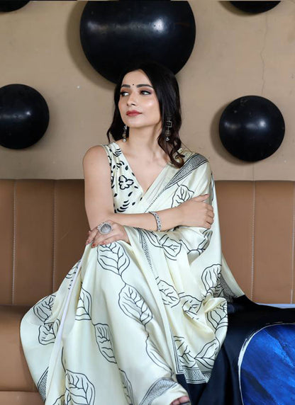 White Original Japan Devsena satin Saree Japan Satin Digital Print Blouse