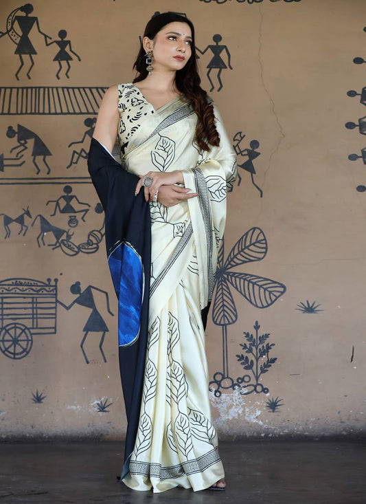 White Original Japan Devsena satin Saree Japan Satin Digital Print Blouse